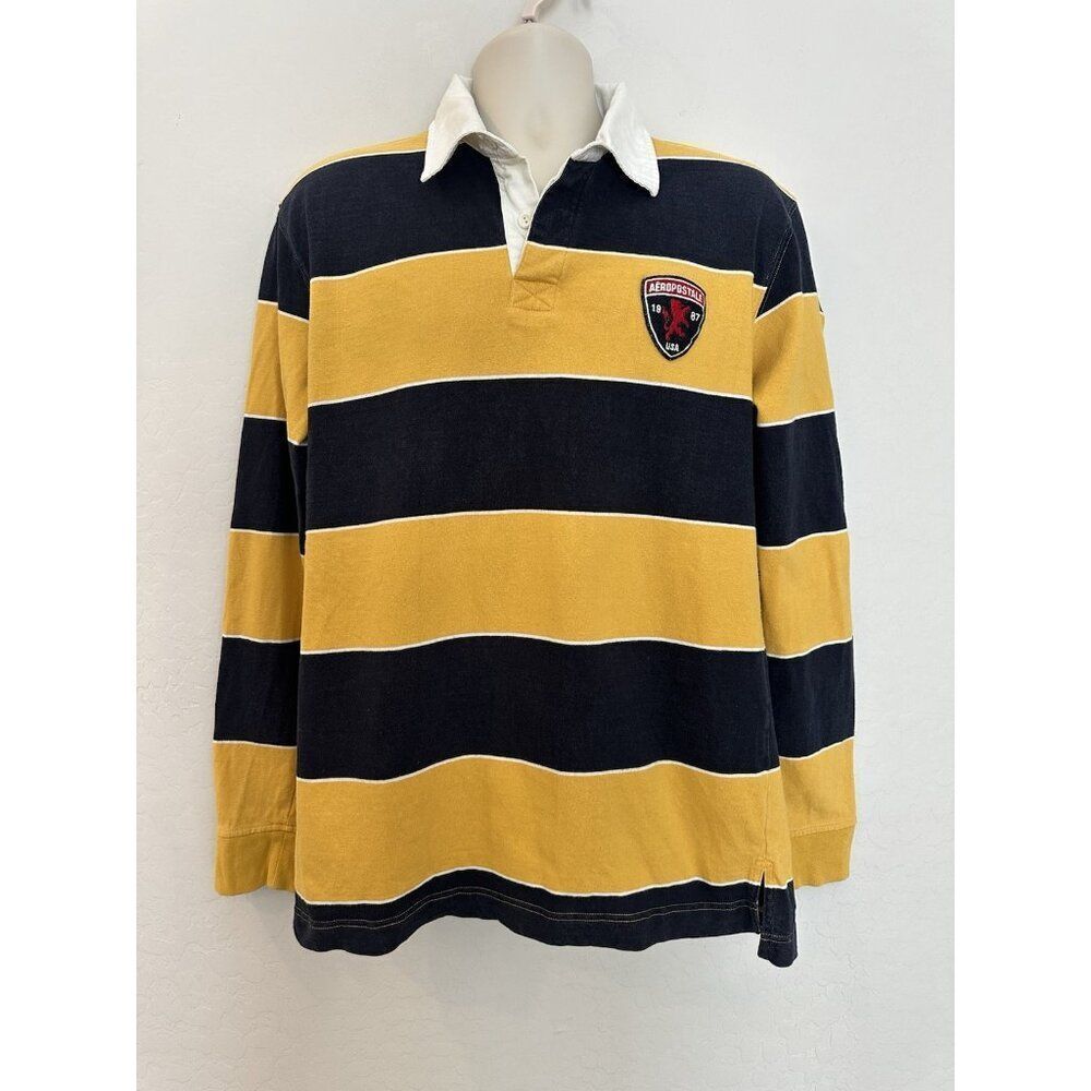 Men's Aeropostale Shirt Navy‎ Yellow Polo Jersey L Y2K Rugby Patch Retro Preppy
